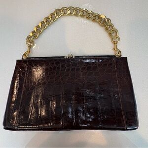 Vintage Leon of CA Chocolate Brown Crocodile Pattern Shoulder Bag Gold Chain
